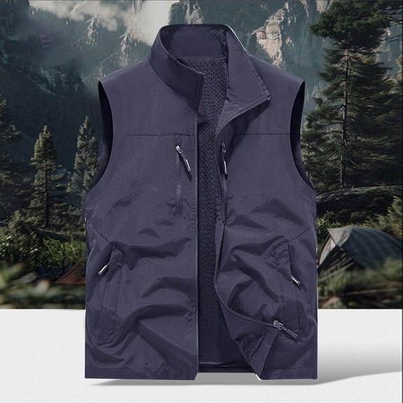 Zedker Men's Fleece Vest Lightweight Outerwear Lightweight Full Zip Golf Running Sleeveless Vest for Hiking Travel With Pockets Dark Blue XXXL
