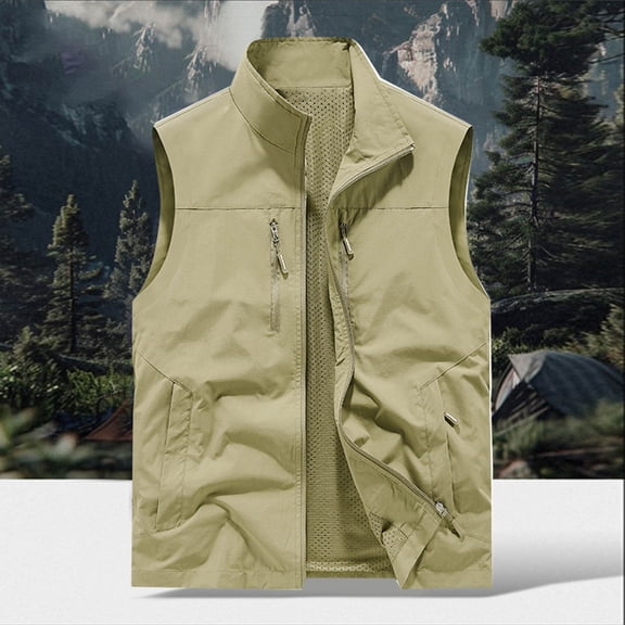 Zedker Men's Fleece Vest Lightweight Outerwear Lightweight Full Zip Golf Running Sleeveless Vest for Hiking Travel With Pockets Khaki L