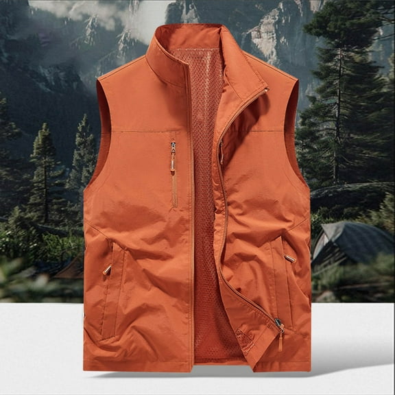 Zedker Men's Fleece Vest Lightweight Outerwear Lightweight Full Zip Golf Running Sleeveless Vest for Hiking Travel With Pockets Orange XXXL