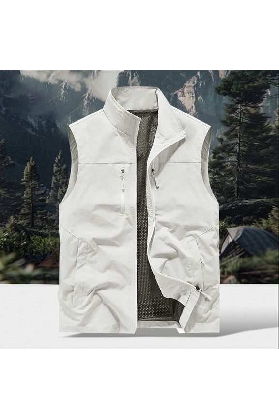 Men's Fleece Vest Lightweight Outerwear Lightweight Full Zip Golf Running Sleeveless Vest for Hiking Travel With Pockets White L