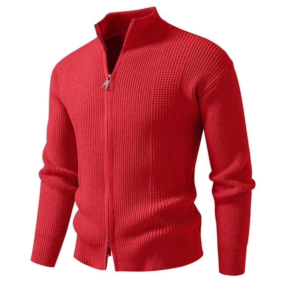 Zedker Men's Full Zip Cardigan Sweater Slim Fit Cable Knitted Lightweight Full Zip Jackets Sweater with Pockets Red L