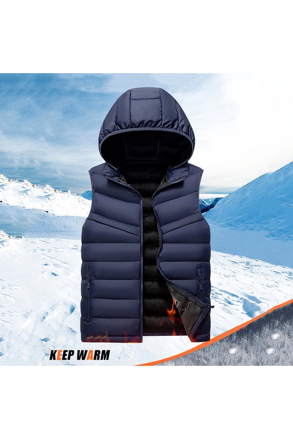 Men's Hooded Puffer Vest Winter Warm Quilted Sleeveless Padded Down Outerwear Lightweight Full Zip Jackets with Pockets Blue XXXL