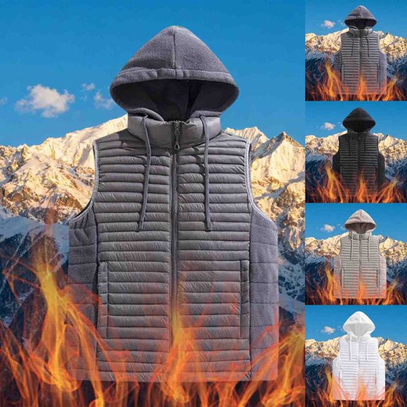 Zedker Men's Hooded Puffer Vests Warm Sleeveless Jacket Thick Quilted Down Vest Lightweight Insulated Outerwear with Pockets Gray XL