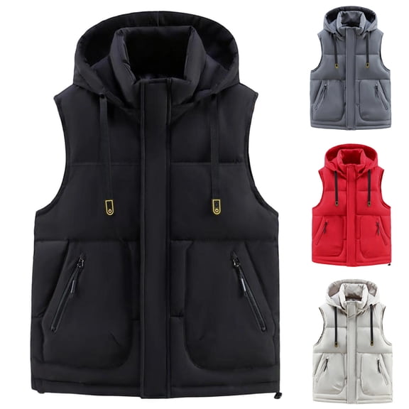 Zedker Men's Hooded Puffer Vests Waterproof Winter Coat Fleece Vest Sleeveless Hood Jacket with Pockets Red XL