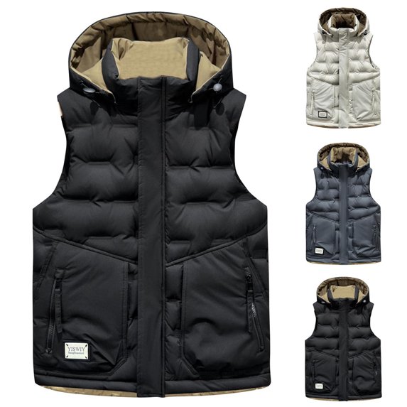 Zedker Men's Hooded Puffer Vests Zip Up Sleeveless Down Jacket Winter Warm Padded Vest Coats with Pockets Gray XL