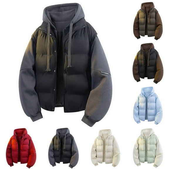 Zedker Men's Hooded Winter Puffer Jacket Patchwork Corduroy Thickened Coat Loose Casual Cotton-Padded Jacket with Pockets Brown S