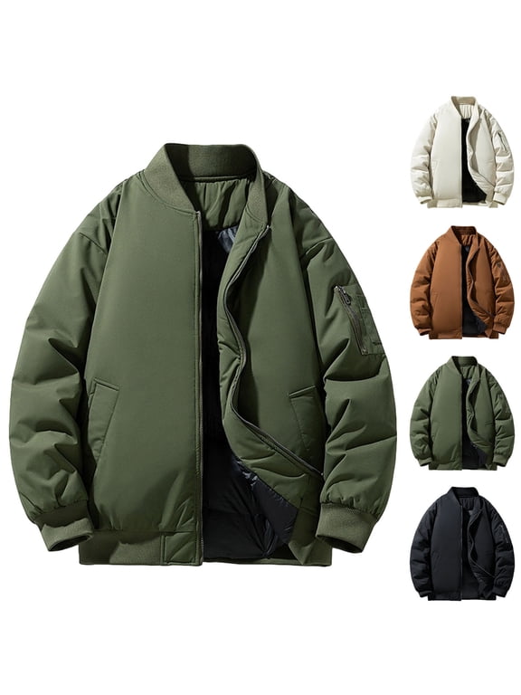 Men's Jackets-Bomber Jacket Fall Winter Warm Windbreaker Full Zip Casual Padded Winter Coat Light Thin Insulated Jacket Brown XXXL