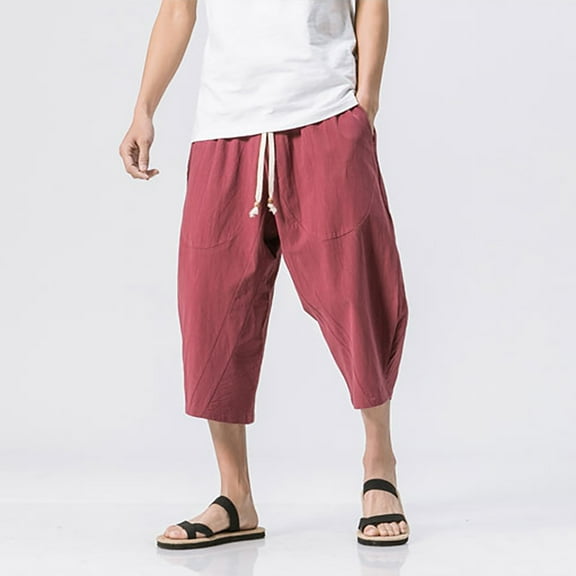 Zedker Men's Linen Cotton Capri Pants Loose Fit Elastic Waist Wide Leg Baggy Pants Mens Sweatpants with Pockets, Plus Size Red L