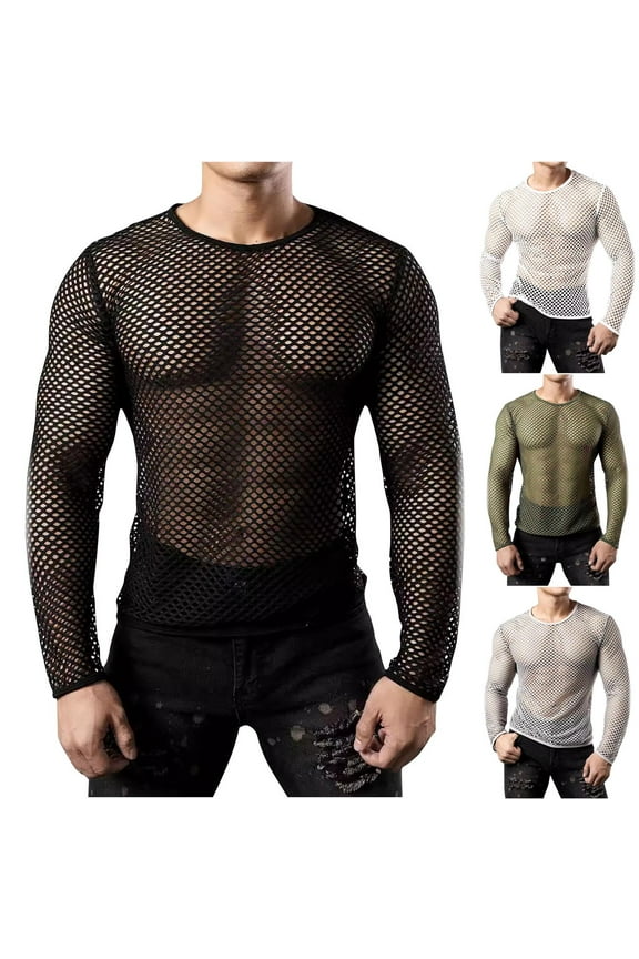 Men's Mesh Fishnet Top Long Sleeve Sheer See Through T Shirt Fitted Muscle Blouse for Men Clubwear