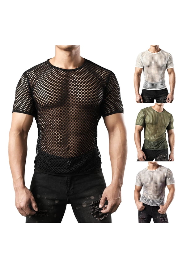 Men's Mesh Fishnet Top Short Sleeve Sheer See Through T Shirt Fitted Muscle Blouse Clubwear