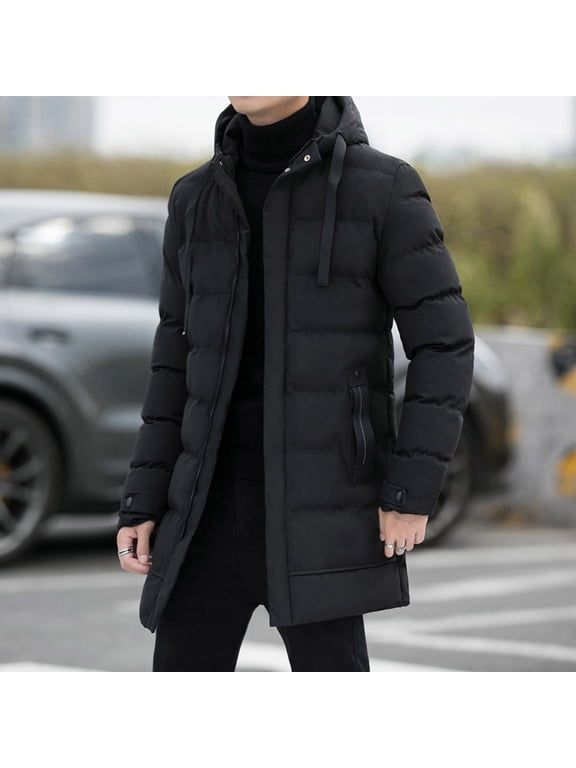 Men's Mid Length Down Jacket Long Hooded Padded Puffer Jacket Full Zip Up Windproof Jacket Winter Coat with Pockets Black XL
