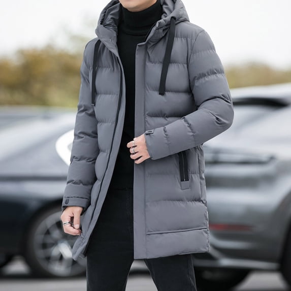 Zedker Men's Mid Length Down Jacket Long Hooded Padded Puffer Jacket Full Zip Up Windproof Jacket Winter Coat with Pockets Gray L