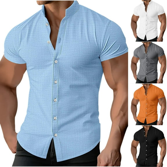 Zedker Men's Muscle Dress Shirts Short Sleeve Button Down Collar Business Work T Shirt Lightweight Stretch Summer Tee