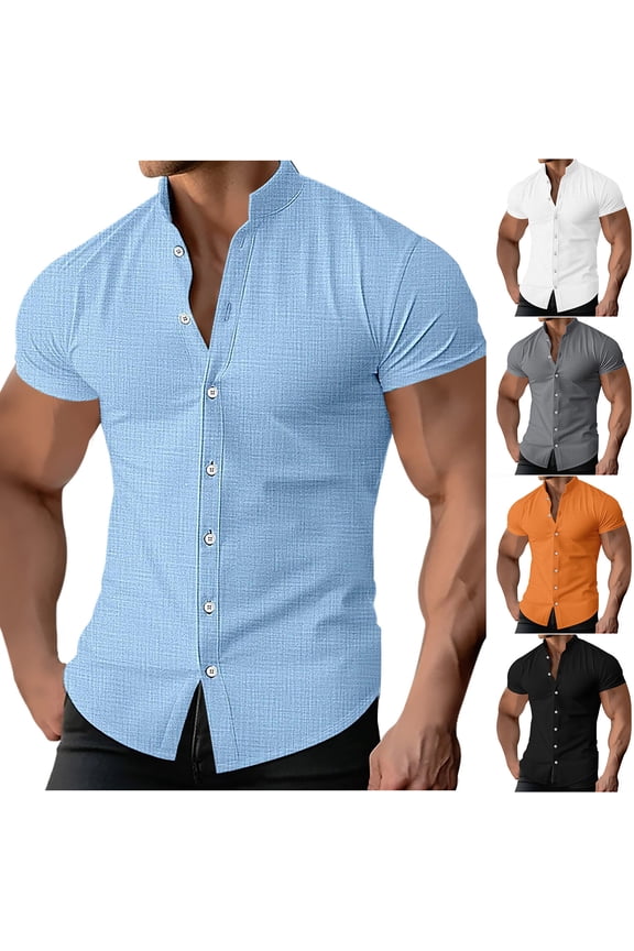 Men's Muscle Dress Shirts Short Sleeve Button Down Collar Business Work T Shirt Lightweight Stretch Summer Tee
