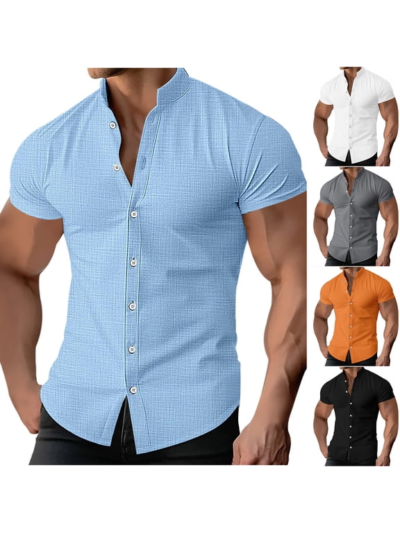 Men's Muscle Dress Shirts Short Sleeve Button Down Collar Business Work T Shirt Lightweight Stretch Summer Tee