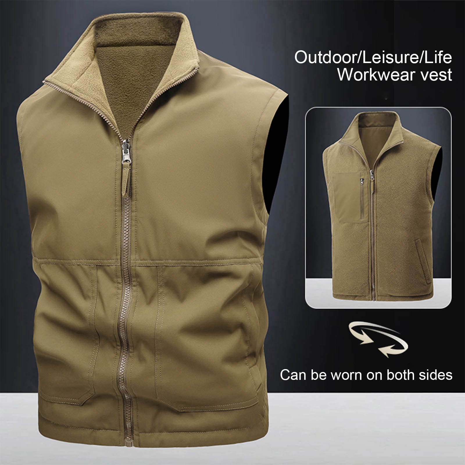 Zedker Men's Outdoor Vests Casual Full-Zip Lightweight Sleeveless Waistshirts Work Photo Travel Vest for Golf Running Khaki XXXXL