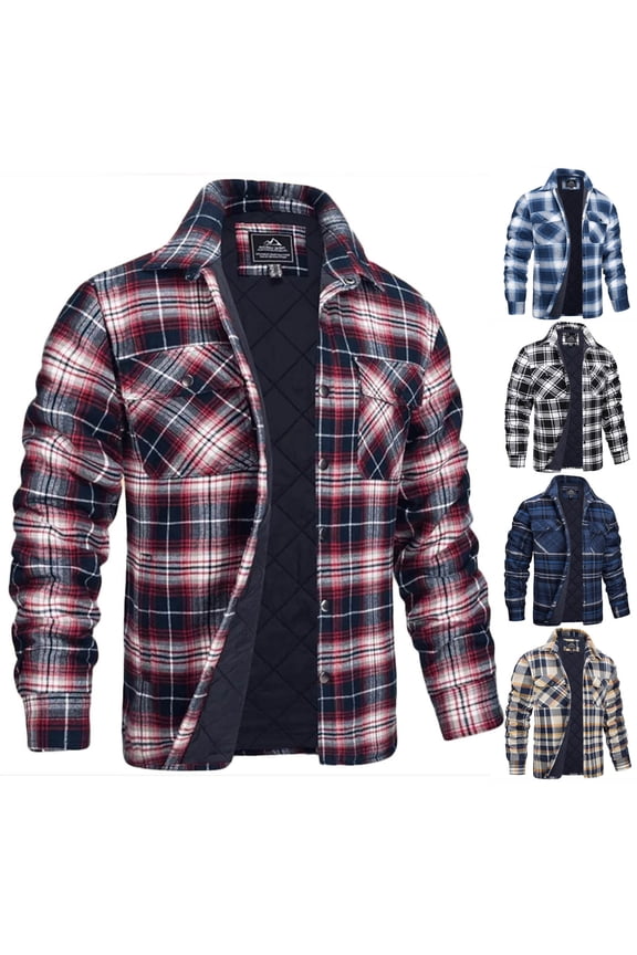 Men's Plaid Jackets Quilted Lined Flannel Long Sleeve Shirt for Men Button Down Shacket Coats with Pocket Black M