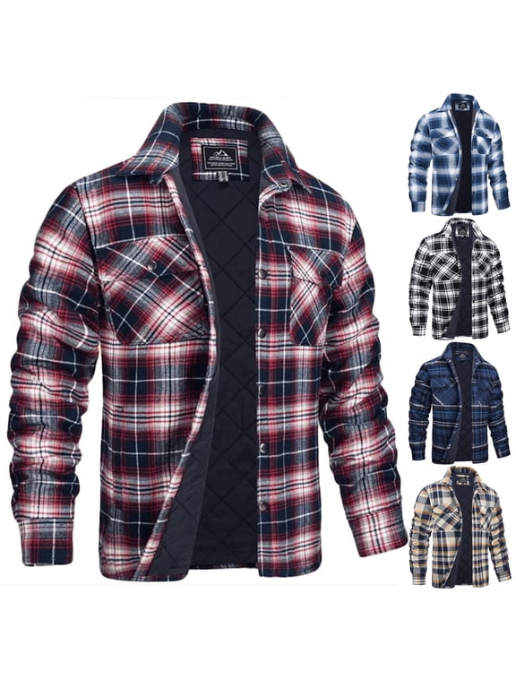 Men's Plaid Jackets Quilted Lined Flannel Long Sleeve Shirt for Men Button Down Shacket Coats with Pocket Red XXXXL
