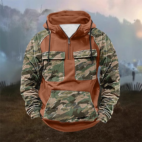 Zedker Men's Quarter Zip Performance Hunting Hoodie Cargo Hoodies for Men with Pocket Orange L