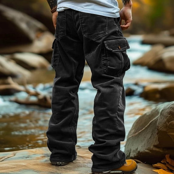 Zedker Men's Relaxed Straight Rugged Double-Front Denim Mens Fashion Joggers Sports Sweatpants with Pockets, Plus Size Black L