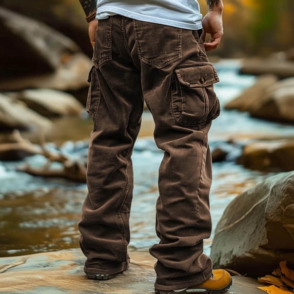 Zedker Men's Relaxed Straight Rugged Double-Front Denim Mens Fashion Joggers Sports Sweatpants with Pockets, Plus Size Brown S