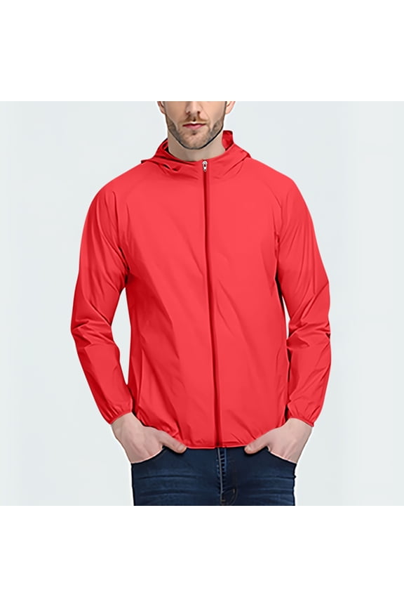 Men's Running Jacket Lightweight Waterproof Windproof Hoodie Full Zip Breathable Workout Jacket Outdoor Sportswear with Pockets Red M