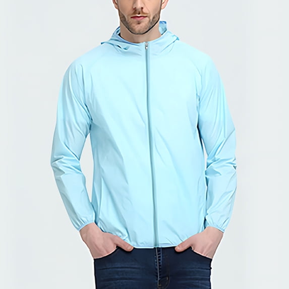 Zedker Men's Running Jacket Lightweight Waterproof Windproof Hoodie Full Zip Breathable Workout Jacket Outdoor Sportswear with Pockets Sky Blue L