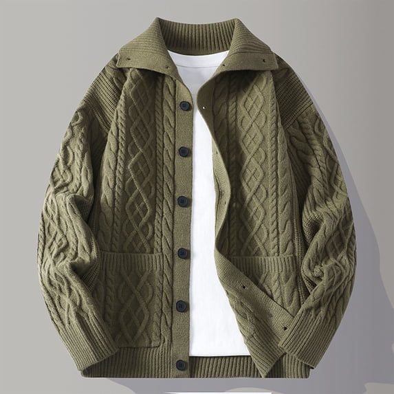 Zedker Men's Solid Color Knitted Sweater Cardigan Long Sleeved Sweater Men's Casual Warm Long Sleeved with Pockets Men's Cardigan Sweaters Green L