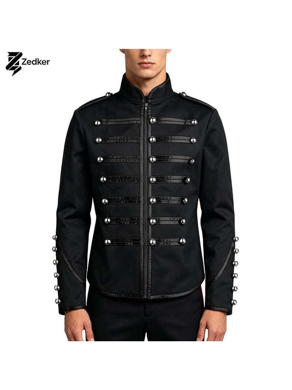 Men's Stand Collar Jacket Gothic Steampunk Silver Black Military Marching Band Drummer Jacket Outerwear for Party Cosplay Black M