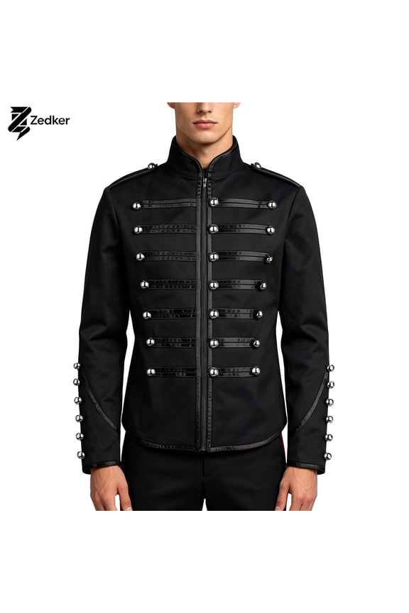 Men's Stand Collar Jacket Gothic Steampunk Silver Black Military Marching Band Drummer Jacket Outerwear for Party Cosplay Black S