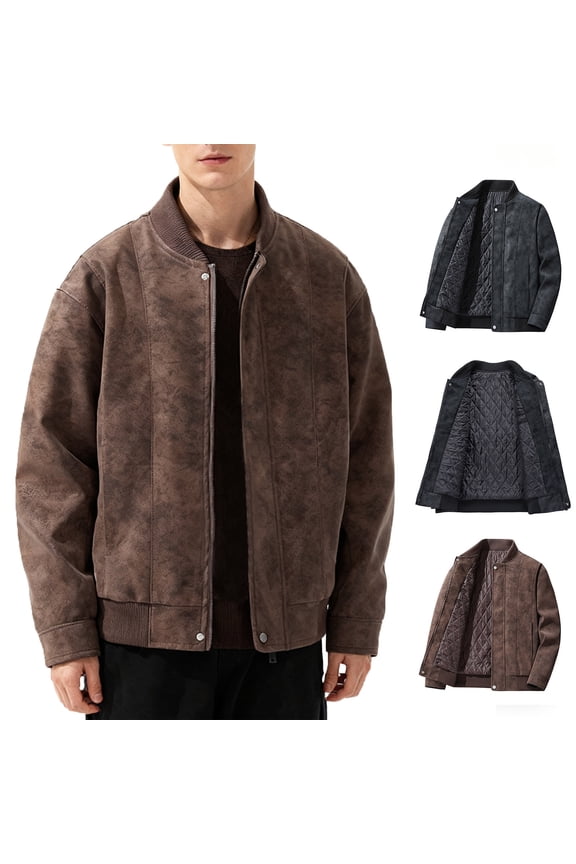 Men's Suede Leather Jacket Thickened Baseball Collar Leather Jacket Youth Jacket Casual Top Coat Black XXL