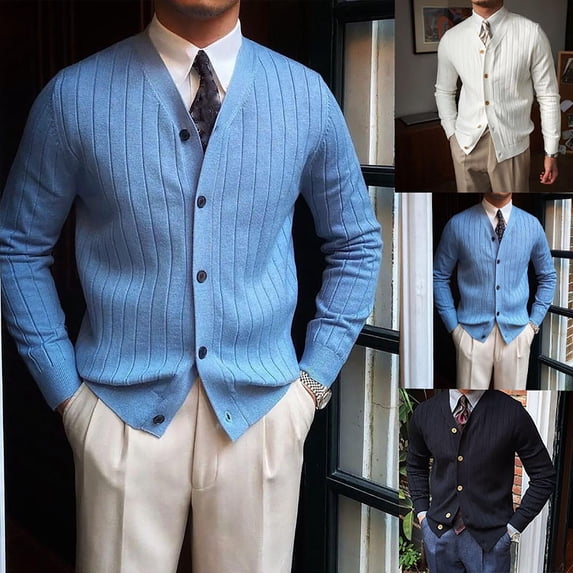 Zedker Men's Sweater Knitted Ribbed V Neck Sweater Cardigan Button Up Regular Fit Sweater Ribbed Long Sleeve Casual Sweaters Blue L