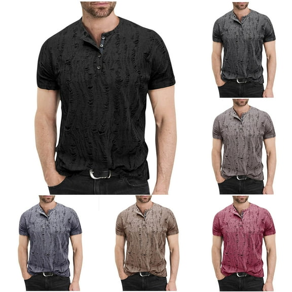 Zedker Men's T Shirts Short Sleeve Crewneck Henley Shirts Knitted Textured Shirt Solid T-Shirts Summer Top for Men