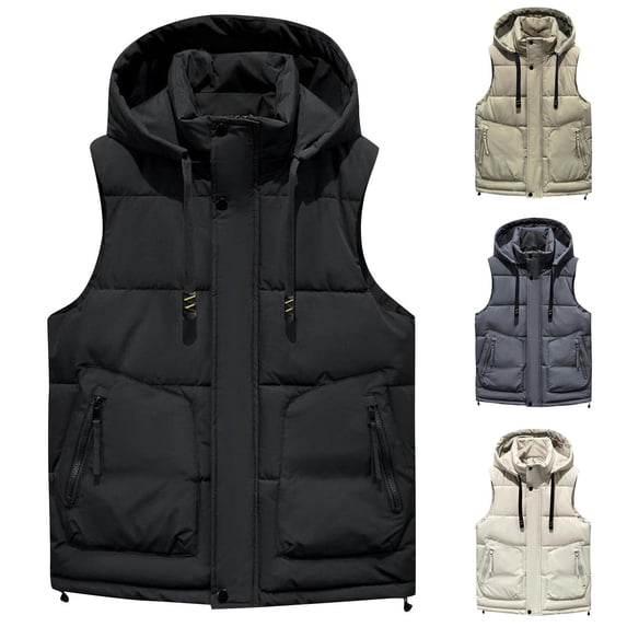 Zedker Men's Thicken Winter Vest Water-Resistant Puffer Hood Jacket Down Vest with Pockets Beige L