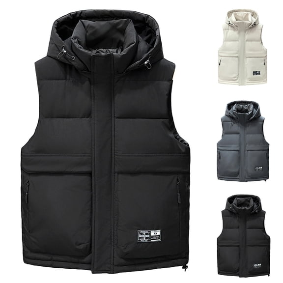 Zedker Men's Thicken Winter Vest with Hood Sleeveless Zipper Up Padded Jacket Coat Hiking Golf Vest with Pockets Gray L