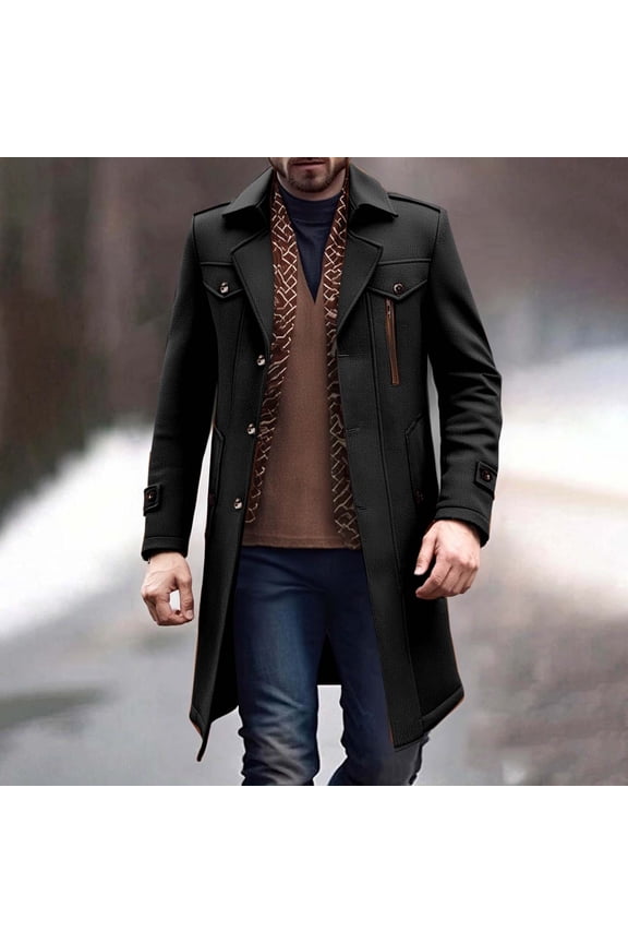 Men's Trench Coats Overcoat Single Breasted Mid Long Coats Casual Dressy Business Windbreaker Jacket 2025 Black L