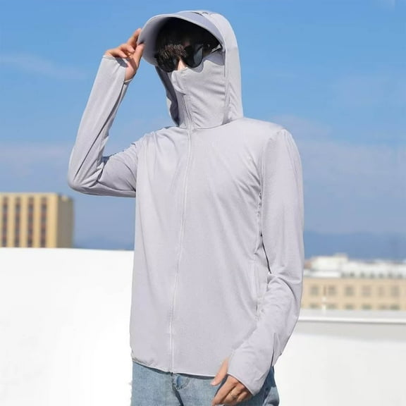 Zedker Men's UPF 50  Sun Protection Hooded Shirt with Integrated Face Cover Long Sleeve Lightweight Shirts Gray M