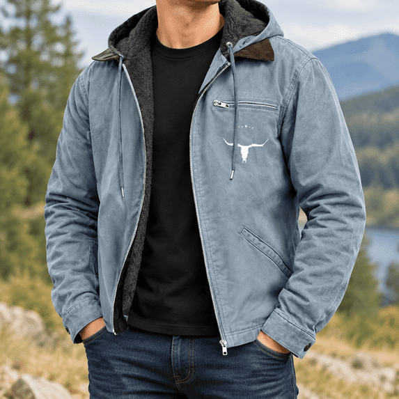 Zedker Men’s Western Hooded Jacket with Longhorn Print, Soft Warm Inner Lining, Zip Up Casual Outer Coat, Adjustable Drawstring Hood, Chest Zipper Pocket & Side Pockets