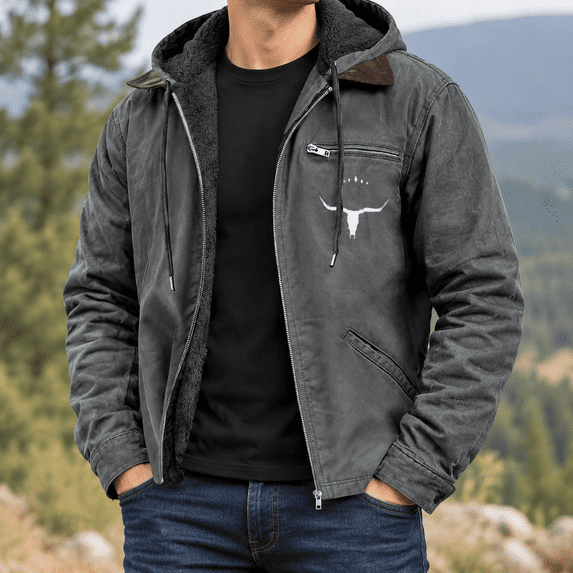 Zedker Men’s Western Hooded Jacket with Longhorn Print, Soft Warm Inner Lining, Zip Up Casual Outer Coat, Adjustable Drawstring Hood, Chest Zipper Pocket & Side Pockets