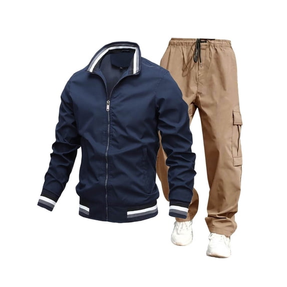 Zedker Men's Windbreaker Jacket Work Pants Set Casual Stylish Lightweight Jackets Long Pants Set Navy XXXL