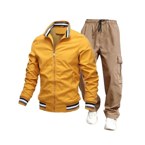 Zedker Men's Windbreaker Jacket Work Pants Set Casual Stylish Lightweight Jackets Long Pants Set Yellow L