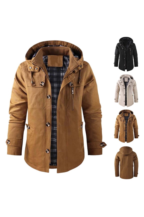 Men's Winter Jacket Fleece Lined Military Jacket Cargo Windproof Jackets Removable Hood Cotton Work Coat with Pocket Black XXXXL