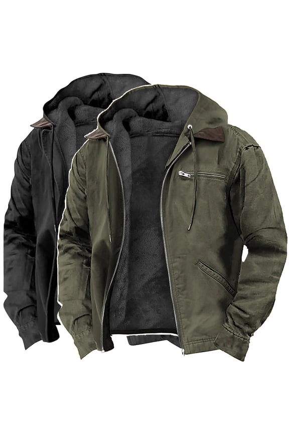 Men's Winter Jackets With Multi Pockets Cotton Thick Warm Fleece Lined Coat Hooded Work Cargo Jackets for Men Green L