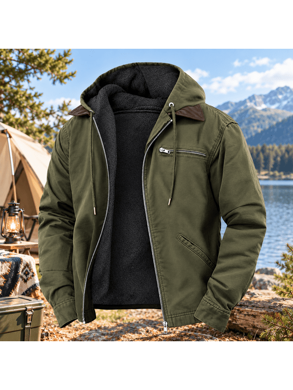 Men's Winter Jackets With Multi Pockets Cotton Thick Warm Fleece Lined Coat Hooded Work Cargo Jackets for Men Green XL