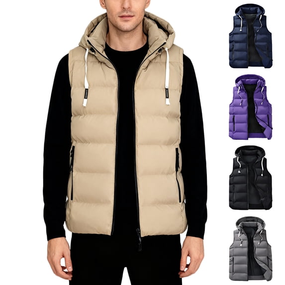 Zedker Men's Winter Puffer Vest Sleeveless Zipper Lightweight Jacket Vest Warm Hooded Thick Vest Tops Jacket Gray XXL