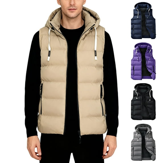 Zedker Men's Winter Puffer Vest Sleeveless Zipper Lightweight Jacket Vest Warm Hooded Thick Vest Tops Jacket Purple L