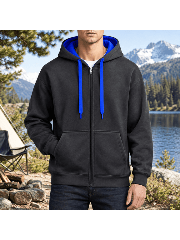 Men's Zip Up Hoodie Full Zip Hooded Sweatshirt Long Sleeve Color Block Casual Pullover Jacket with Kangaroo Pockets for Fall Winter