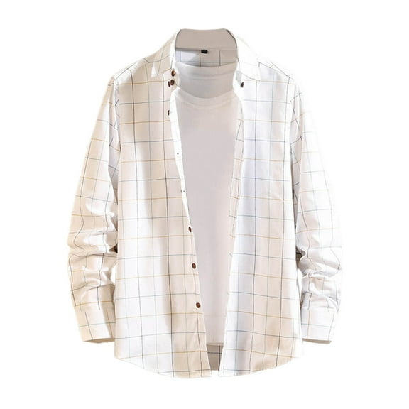 Zedker Mens Button Up Shirts Long Sleeve Casual Button Down Cotton Vintage Soft Plaid with Pocket White L