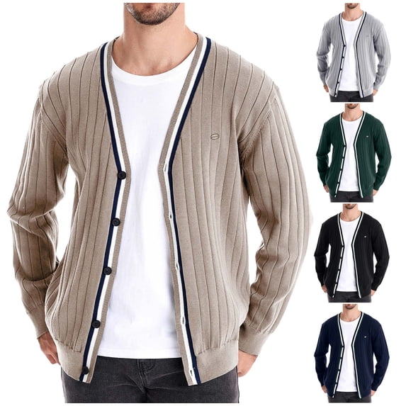 Zedker Mens Cardigan Sweaters Button Down Warm V Neck Lightweight Contrast Long Sleeve Sweater Knit Pullover Overcoat Beige L