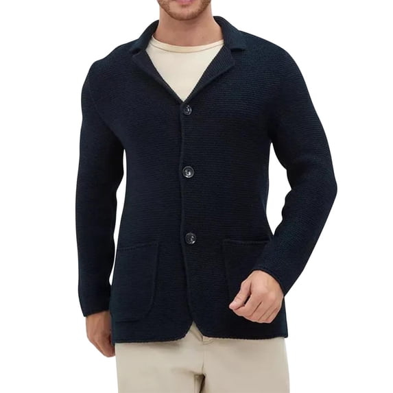 Zedker Mens Cardigan Sweaters Long Sleeve Stand Collar Button Down Cable Knitted Sweater with Pockets Dark Blue XL
